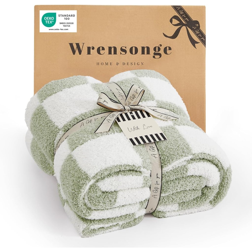 Checkered Throw Blanket, Sage Green Soft Cozy Fluffy Hand Made Throw Blankets Fo